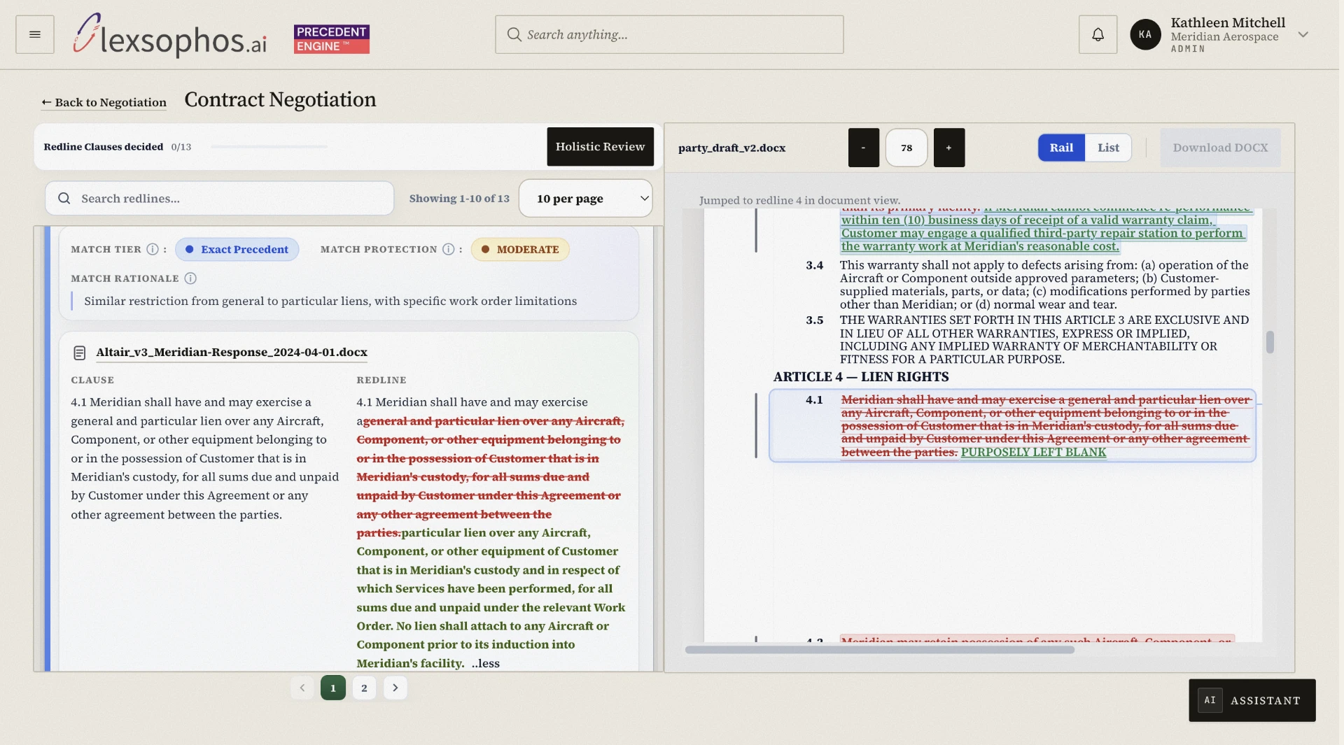 Lexsophos precedent match showing the exact precedent tier, match rationale and the earlier clause compared with the current redline