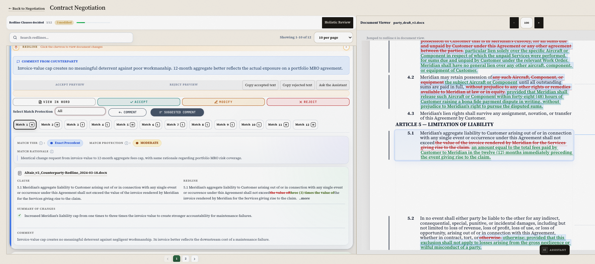 Lexsophos contract negotiation workspace showing a tracked liability edit, precedent match and document view