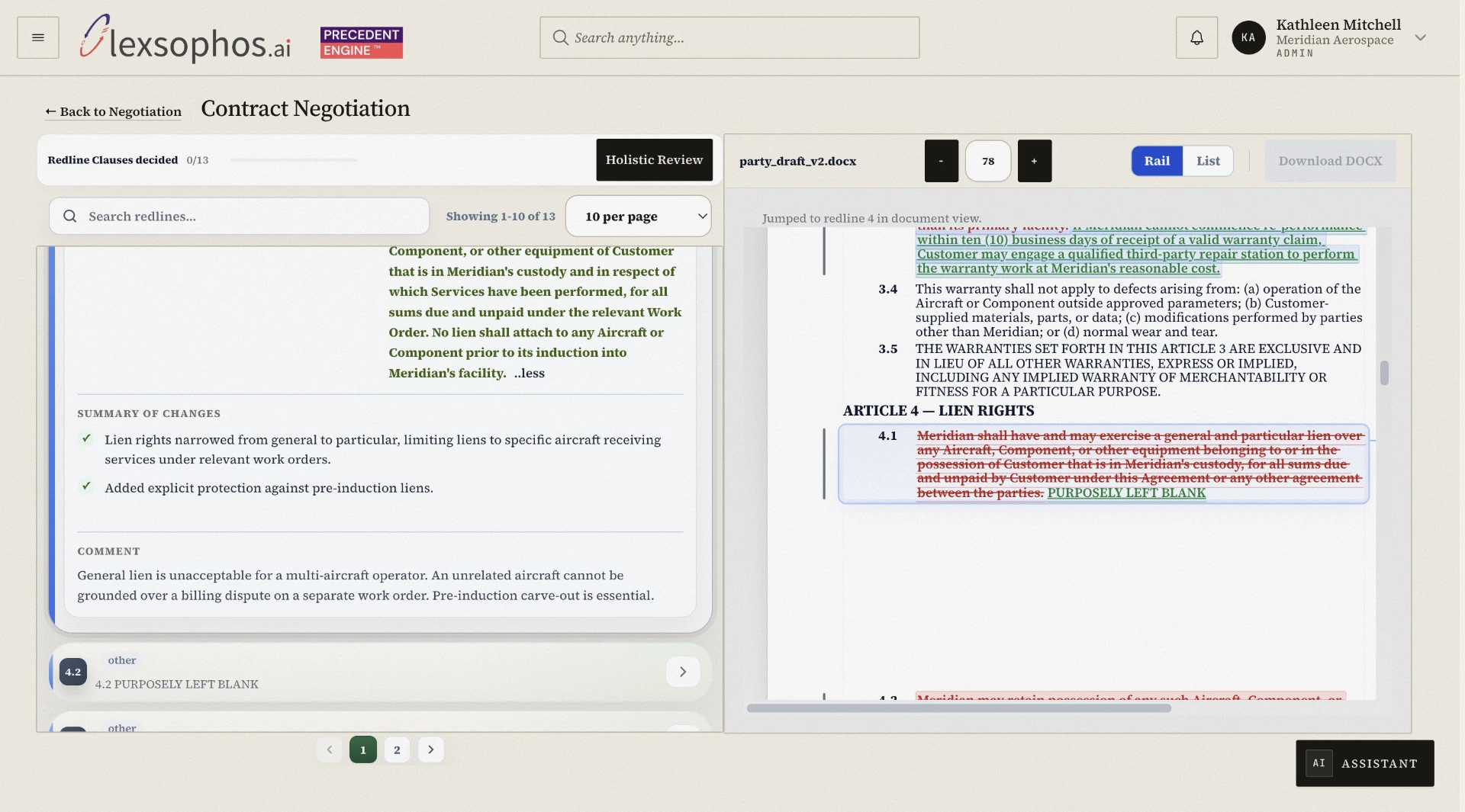 Lexsophos precedent match showing the summary of changes and the recorded comment on the earlier clause